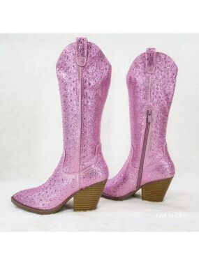 Wild One Baby Light Pink Rhinestone Glitter Disco Cowgirl Knee Boots